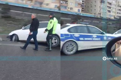 Bakı Dairəvi  Yolunda avtomobil maneəyə çarpılıb - VİDEO