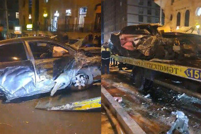 Azadlıq prospektində qəza: avtomobil səkiyə çıxıb