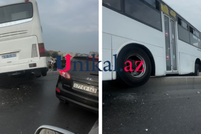Bakıda sərnişin avtobusu qəzaya uğrayıb - VİDEO