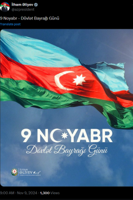 İlham Əliyev Dövlət Bayrağı Günü ilə bağlı paylaşım edib