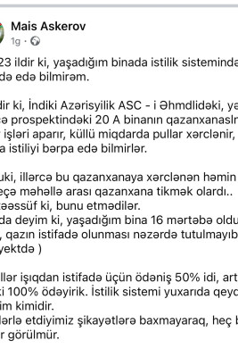 Bu binanın istilik sistemi bərpa edilmir – Sakinlər şikayətçidirlər 