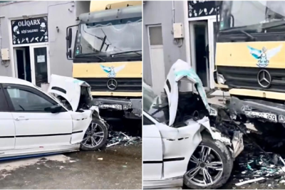 Maştağada qəza: “BMW” yük maşınına çırpıldı, sürücünün əli sındı - VİDEO