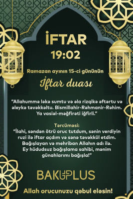 Ramazan ayının on beşinci gününün imsak, iftar və namaz vaxtları