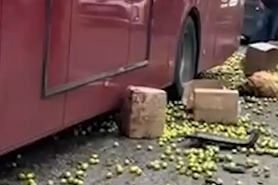 “BakuBus”un avtobusu “Ford”la toqquşdu, meyvələr yola dağıldı - VİDEO